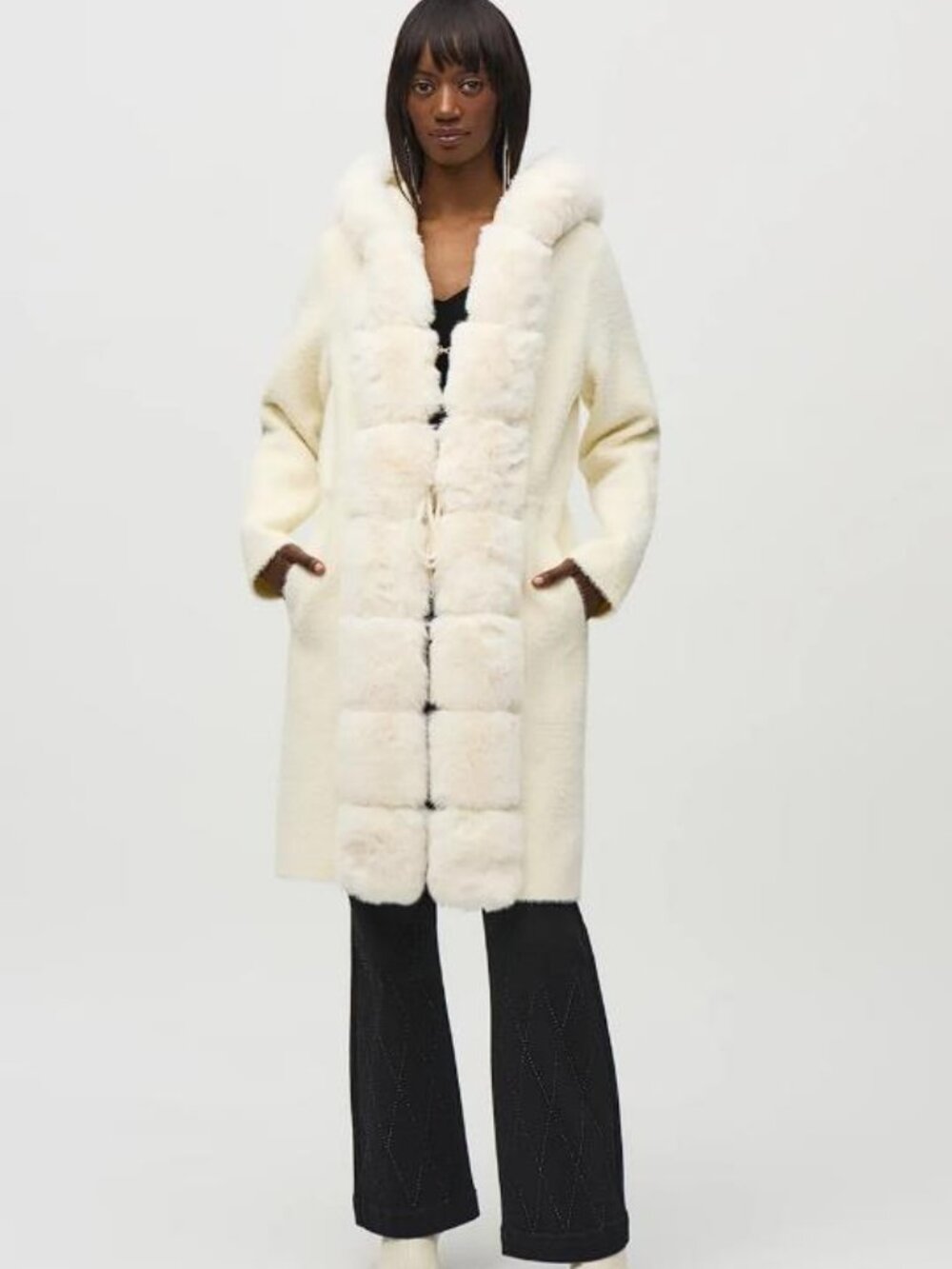 (Dirty) JOSEPH RIBKOFF Women's Fur Trim Hooded Jacket Size L in Vanilla
